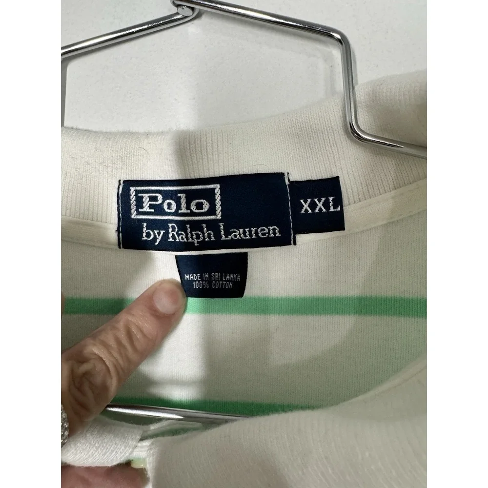 VTG Polo Ralph Lauren Men's Green‎ And White Stripe Polo Shirt Size XXL Preppy